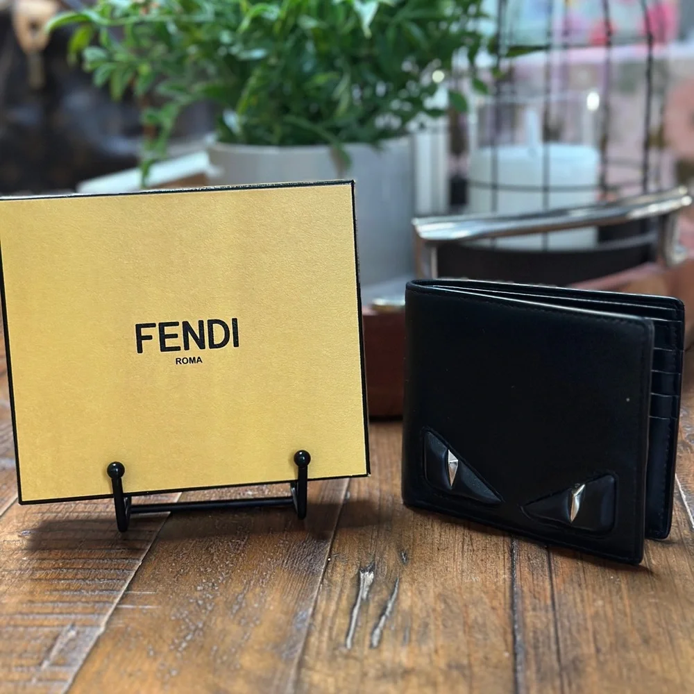 Authentic Fendi Bag Bugs Monster Eyes Black Leather Bifold Wallet with Box